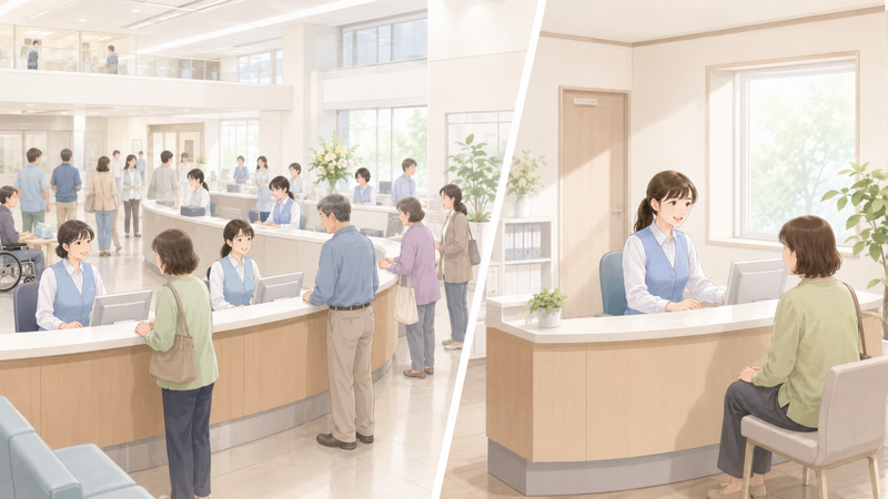 病院とクリニックで違うことを表す、大きな病院の受付と小規模クリニックの受付の違いが分かる医療事務の比較イメージ