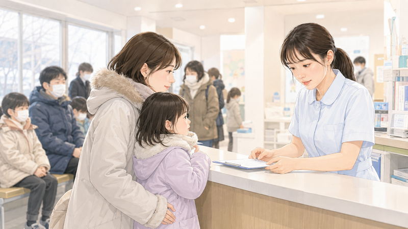 冬は内科や小児科が忙しいことを表す、混雑した待合室のある受付で親子対応を行う医療事務スタッフの様子