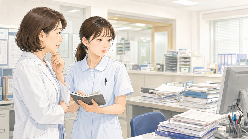 月末月初は休みにくいのかをイメージした、忙しい医療事務室で先輩スタッフに相談する医療事務員の様子