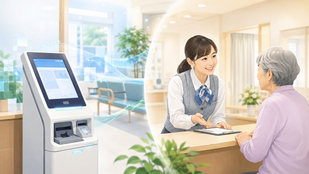 自動受付機のそばで高齢患者に対面で案内する医療事務スタッフ