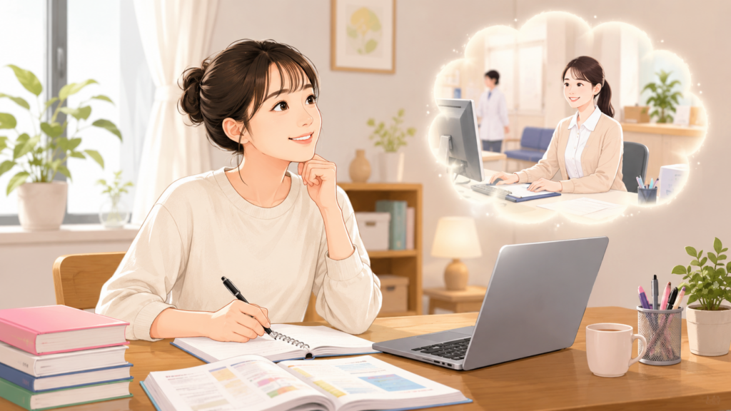 未経験から医療事務を目指して自宅でテキストとパソコンを使い勉強する女性