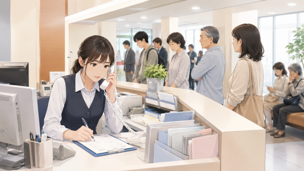 混雑した病院受付で電話対応と書類作業を同時に行う医療事務スタッフ