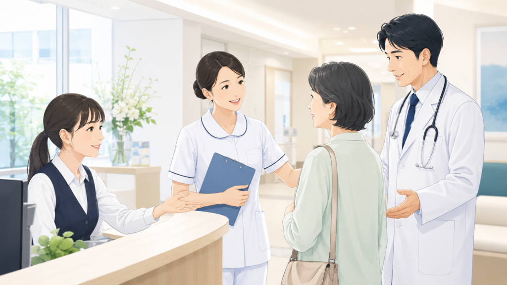 病院で医療事務スタッフと看護師、医師が連携して患者を案内する様子