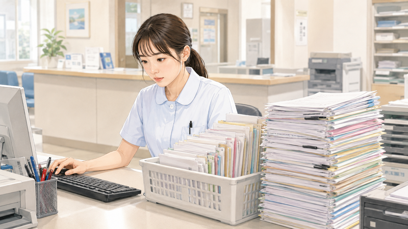 月末から忙しくなる理由をイメージした、パソコン入力と大量の書類整理を同時に進める医療事務スタッフの様子