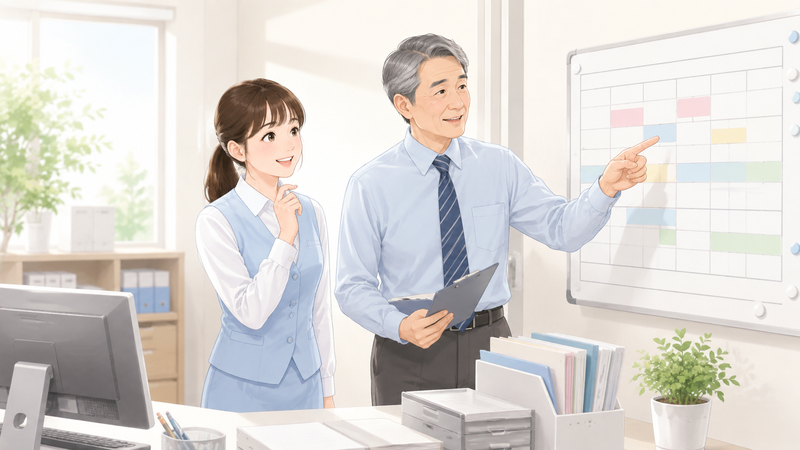 医療事務の忙しい時期まとめを表す、総務課長がスケジュール表を使って繁忙期の流れを説明し医療事務スタッフが確認している様子