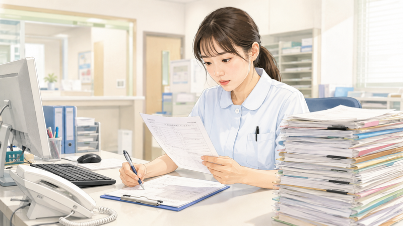 医療事務の忙しい時期を表す、月末から月初にかけて書類を確認しながら業務を進める医療事務スタッフの様子