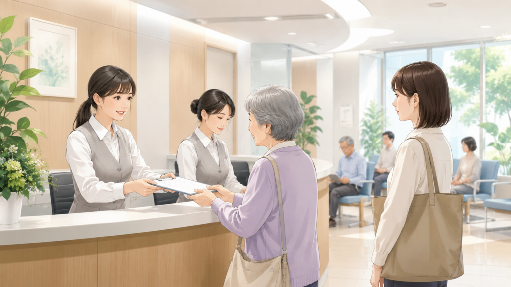病院の受付で高齢患者に対応する医療事務スタッフと待合室で順番を待つ患者