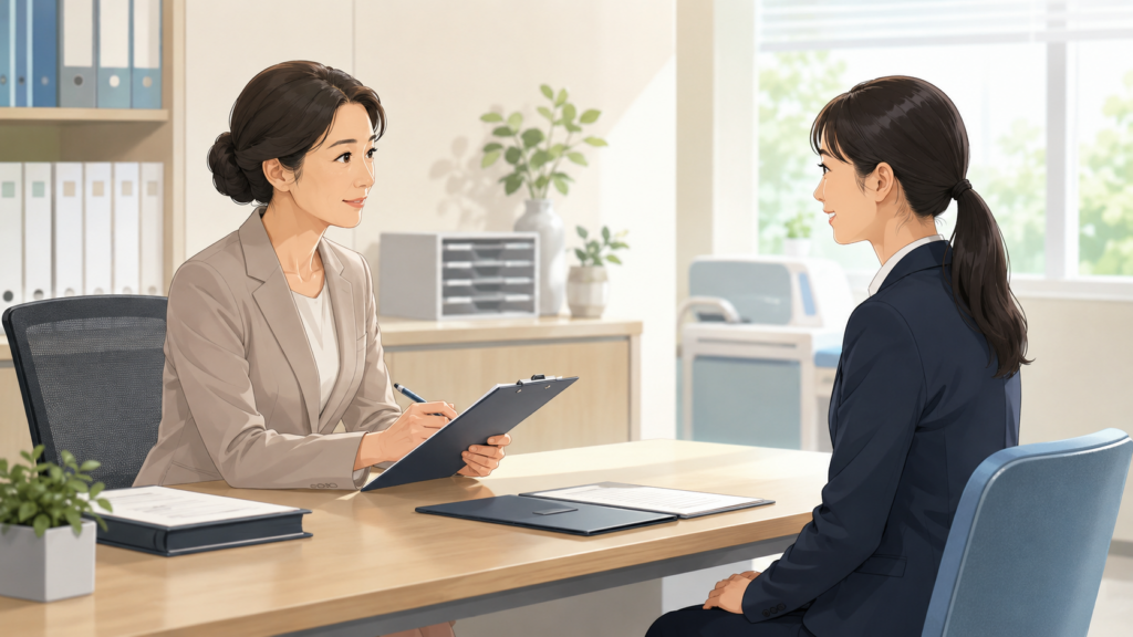 病院の採用面接で医療事務志望の応募者と採用担当者が話している様子