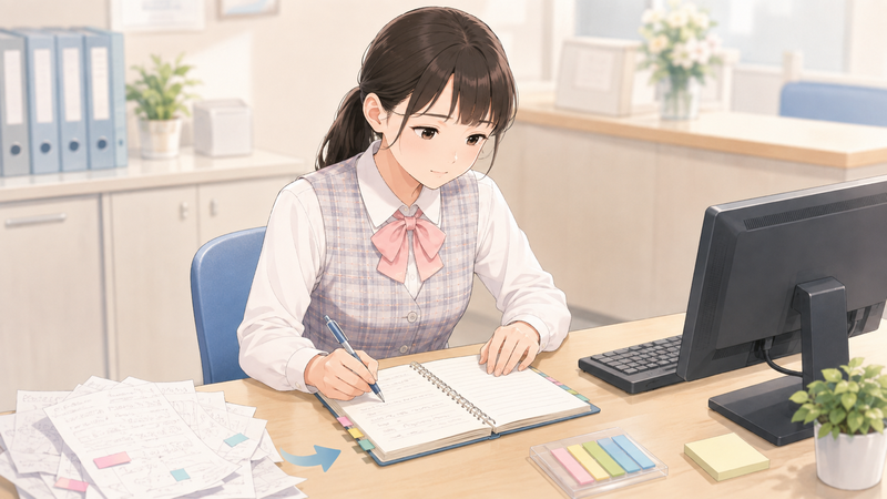 散らばったメモをノートに整理し直して、見返しやすくまとめている医療事務スタッフの様子
