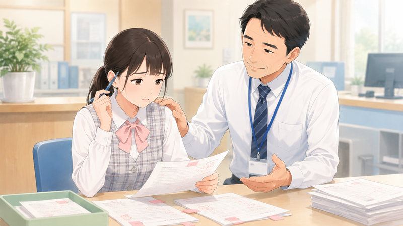 添削された書類を見て悩む医療事務の新人に、上司が励ましながら改善点を伝えている様子