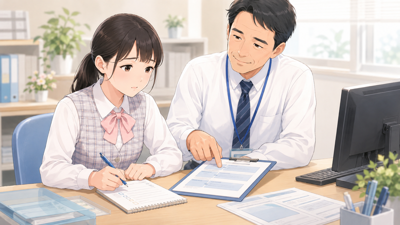 上司の説明を聞きながら、チェックリストとメモで同じミスを減らす工夫を学ぶ医療事務の新人