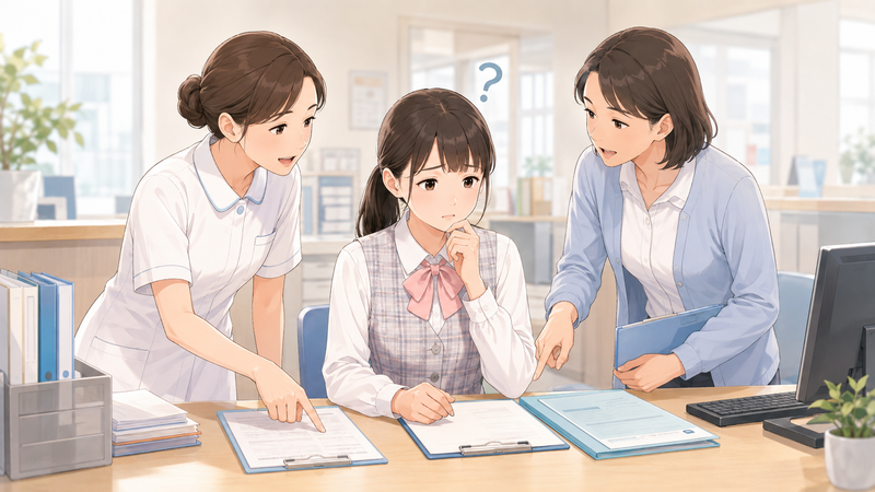 2人の先輩から別々の説明を受けて戸惑っている医療事務の新人の様子