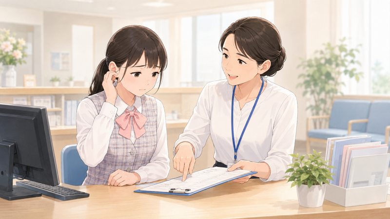 不安そうな医療事務の新人に、先輩女性が受付でやさしく書類の見方を教えている様子