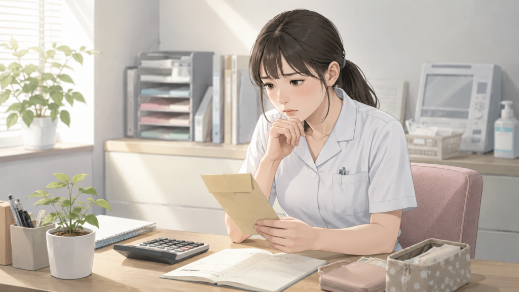 医療事務の給与や生活費について書類と電卓を見ながら考える女性スタッフ