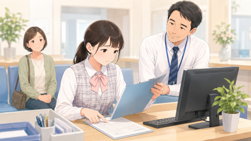 患者が待つ受付で、医療事務の新人が書類を一つずつ丁寧に確認しながら仕事を進めている様子