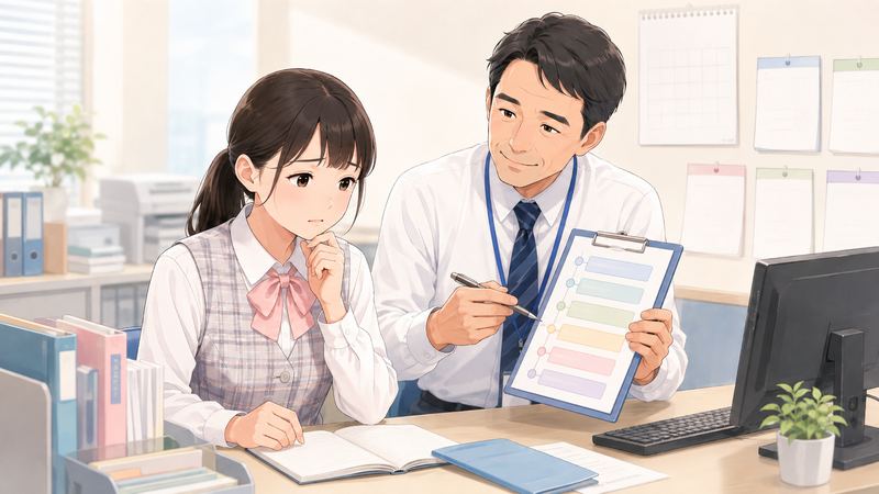 医療事務の新人に対して、上司が業務の流れと成長のステップを説明している様子