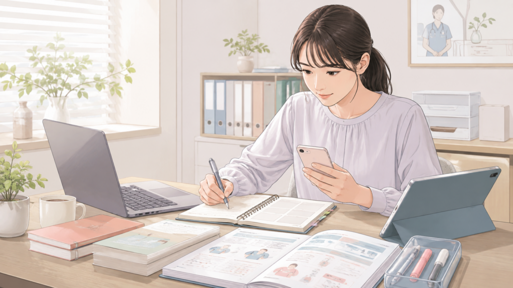 スマホやパソコン、タブレットと教材を使って医療事務を学習する女性