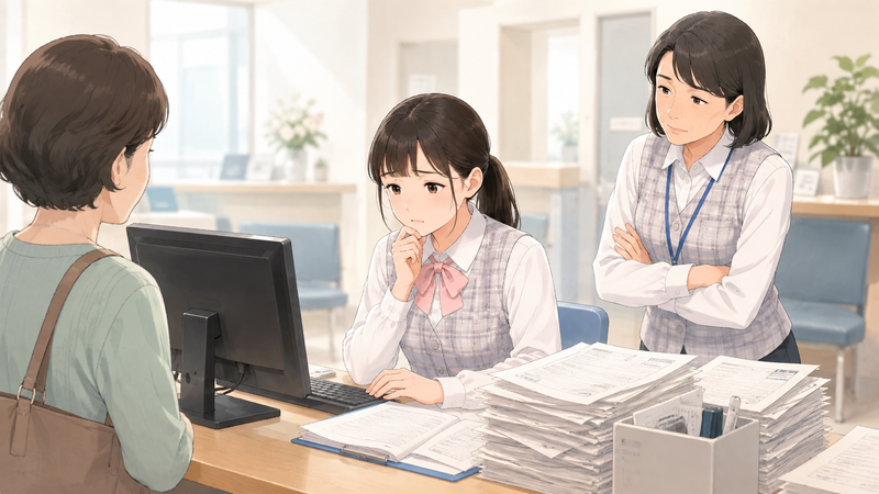 患者対応と事務作業の前で迷い込み、書類がたまってしまっている医療事務の新人の様子