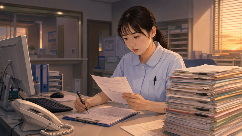 月末月初は残業が増えやすいことを表す、夕方の医療事務室で書類確認を続ける医療事務スタッフの様子