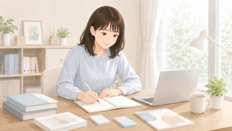 忙しい時期を知って働く準備を表す、自宅でノートを取りながら医療事務の勉強を進める女性の様子