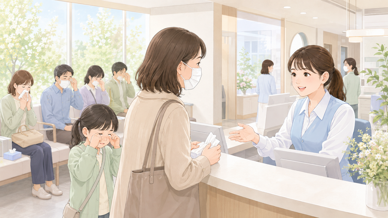 花粉症の時期は診療科で差があることを表す、花粉症の患者が多く訪れる受付で親子対応をする医療事務スタッフの様子