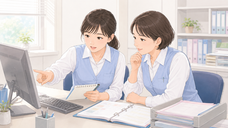 先輩に画面を見せながら、業務の疑問点を具体的に質問している医療事務スタッフの様子