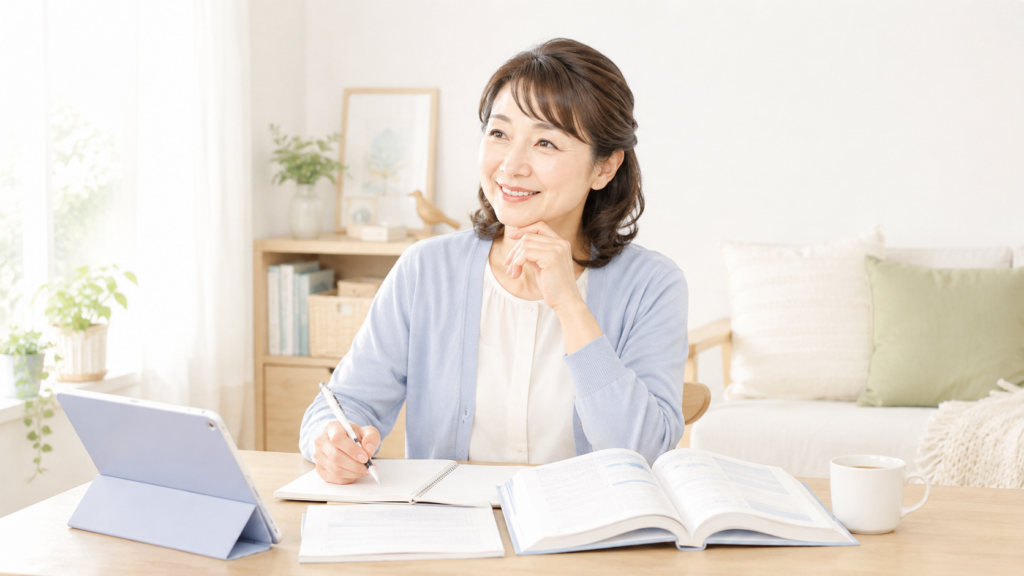 未経験から医療事務を目指して自宅で教材を使い勉強する40代・50代の日本人女性