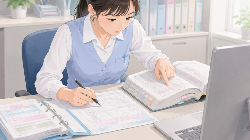 レセプトの資料と書類を見比べながら、必要な情報を確認している医療事務スタッフの様子