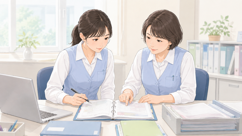 保険証の情報を確認しながらレセコンへ入力する医療事務スタッフの様子