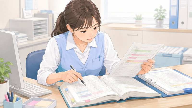 年代の異なる医療事務スタッフがそれぞれの役割で働く受付の様子
