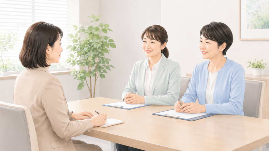 医療事務の面接で採用担当者の話を聞きながら受け答えする40代・50代の女性