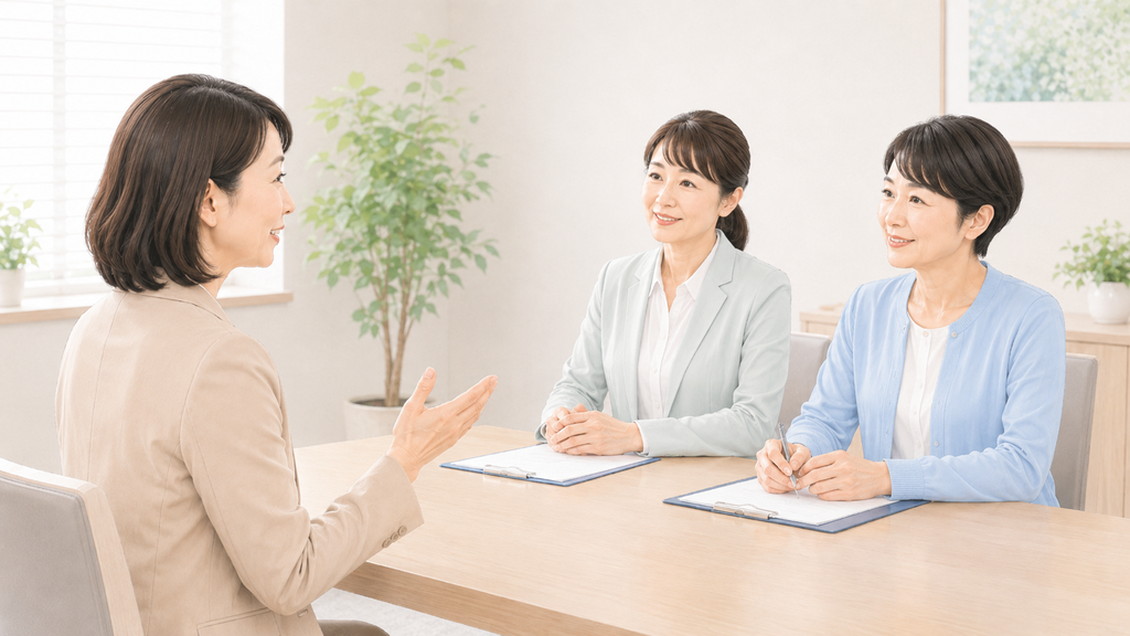 医療事務の面接で40代・50代の女性がこれまでの経験を採用担当者に説明している様子