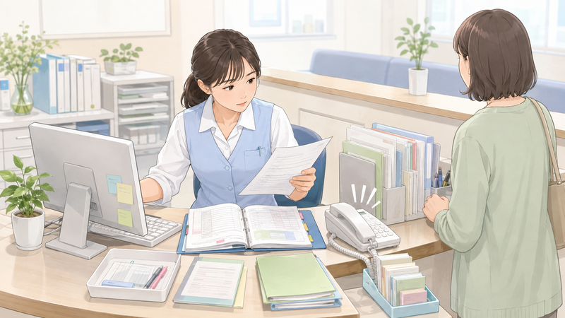 書類確認やパソコン操作をしながら、受付で患者対応も行う医療事務スタッフの様子