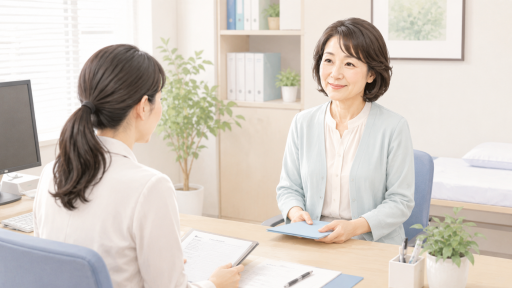 医療事務の採用面接を受ける40代・50代の日本人女性と面接担当者