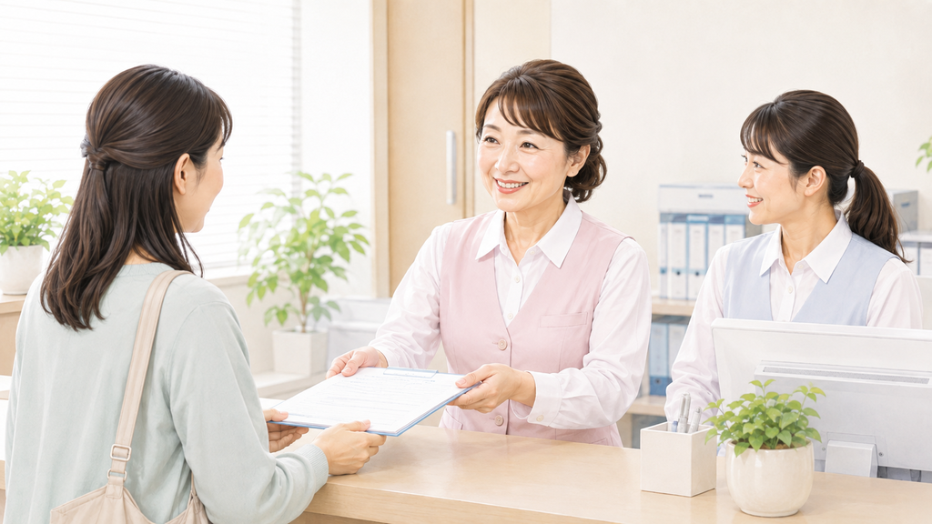 40代・50代の女性医療事務スタッフが受付で患者に対応し同僚と協力して働いている様子