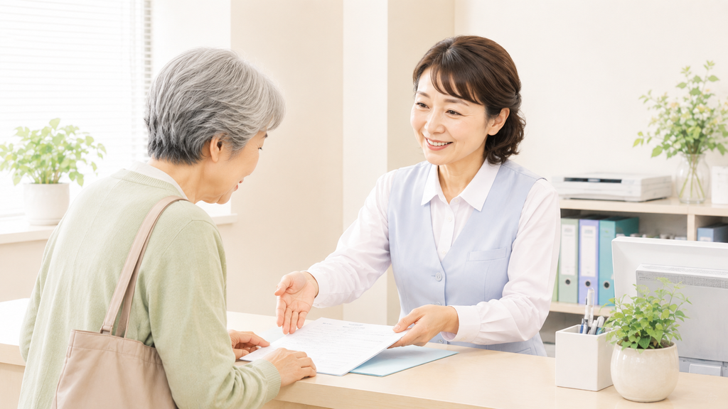 40代・50代の女性医療事務スタッフが受付で高齢の患者に書類を説明している様子