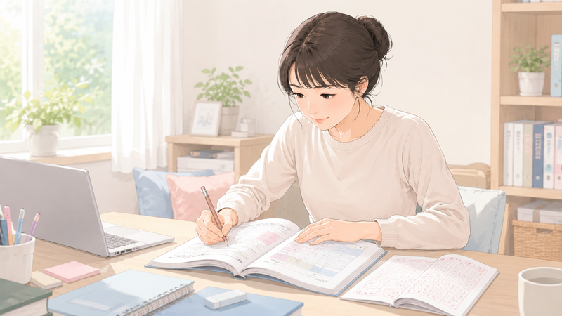 自宅の机で問題集を開き、手を動かしながら学習している女性の様子