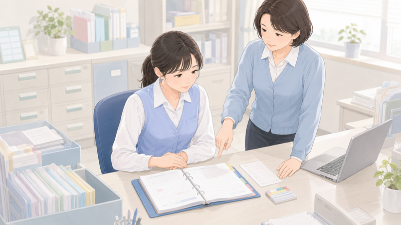 先輩スタッフが新人に、まず覚えるべき業務を資料を使って教えている医療事務の様子