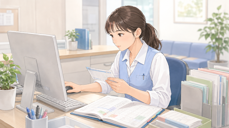 資料を見比べながらレセプトの内容を確認する医療事務スタッフの様子