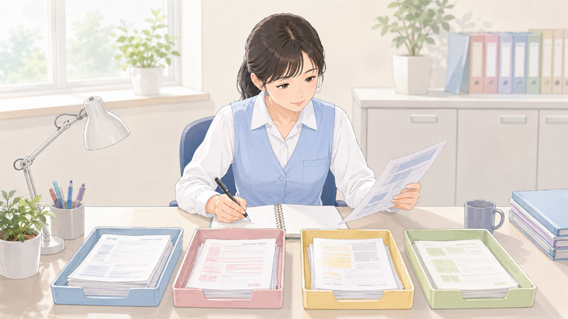 書類を分類しながらノートに整理して、ミスの傾向を振り返る医療事務スタッフの様子