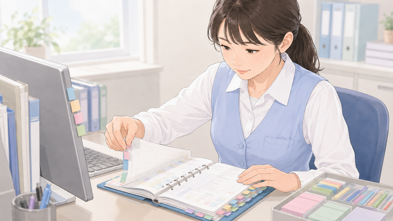 付箋で整理したバインダーを見返しながら、業務メモをまとめる医療事務スタッフの様子