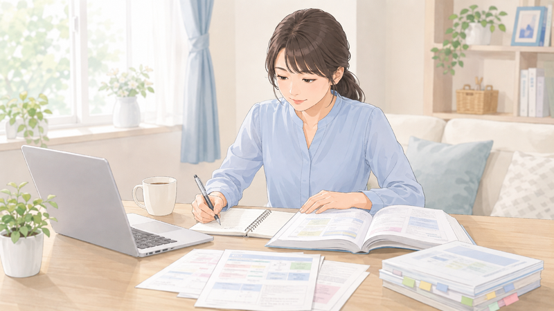 自宅でテキストとノートを使いながら、医療事務の基礎を勉強している女性の様子