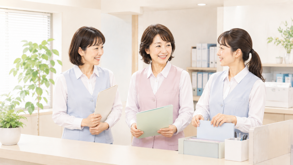 40代・50代を含む女性医療事務スタッフが病院の受付で一緒に働いている様子