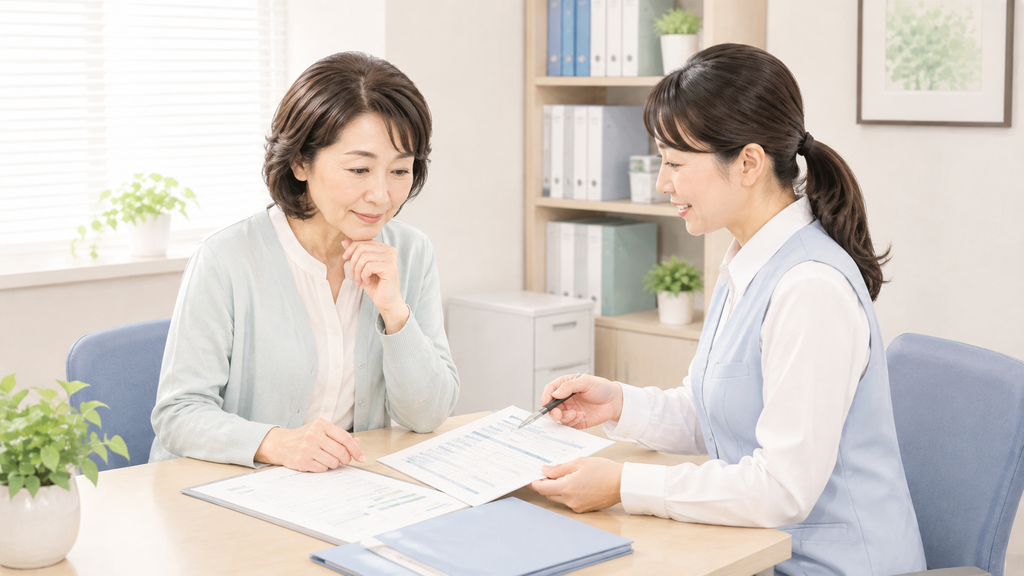 医療事務を希望する40代・50代の女性が担当者から勤務条件の説明を受けている様子