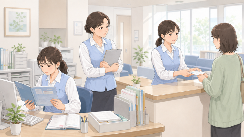 仕事に悩む医療事務スタッフに先輩が寄り添って教えている様子