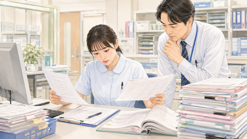 レセプト締切前に増える仕事を表す、書類を見比べながら上司と確認作業を行う医療事務スタッフの様子