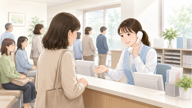 休み明けと午前中も忙しいことを表す、来院患者の対応をしながら電話応対も行う医療事務スタッフの様子