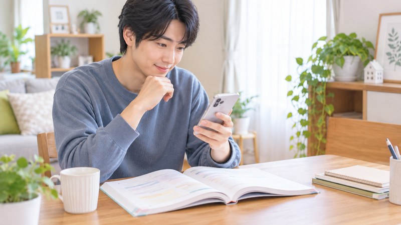 ユーキャン医療事務のテキストとデジタルサポートを使って問題演習をするイメージ