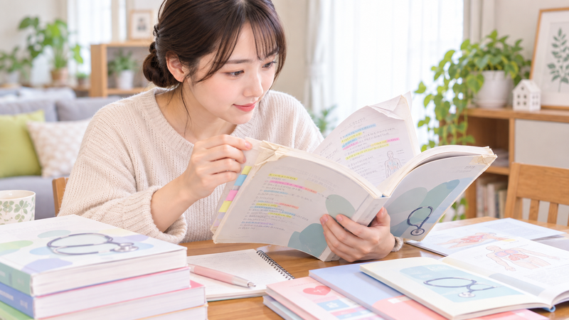 ユーキャン医療事務の中古教材の書き込みや使用状態、欠品を確認しているイメージ