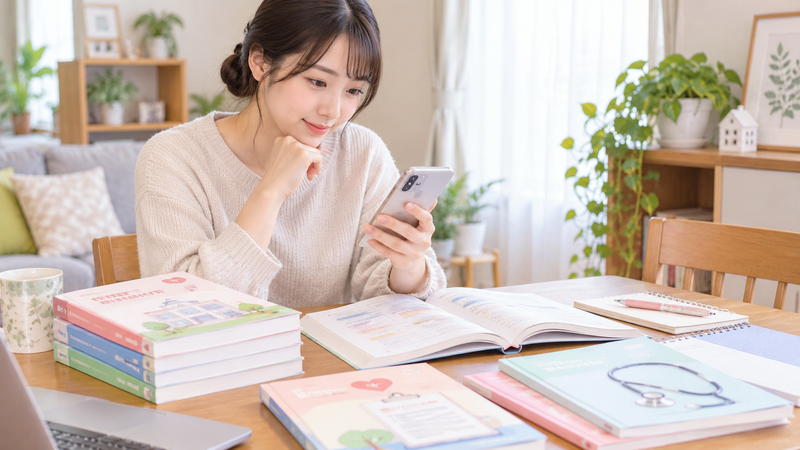 ユーキャン医療事務の中古教材をスマートフォンで探しているイメージ